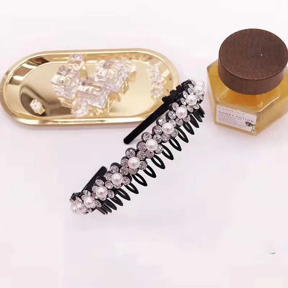 Simple Elegant Girl Wave Wash Face Rhinestones Female Hairbands Pearl Headband Flower Hair Hoop Korean Style Headwear