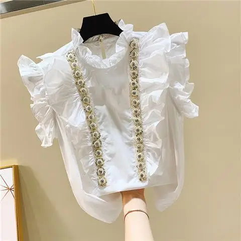 Neploe Ruffled Ribbed Beaded Diamond Ear Standing Collar Sleeveless Shirt 2024 Summer Loose Slim Niche Blusa Femme Sweet Blouses