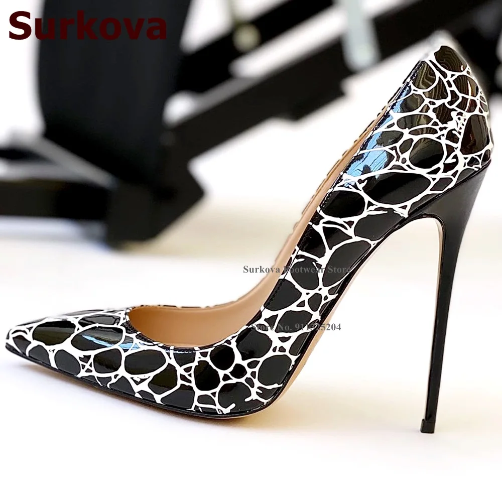 

Surkova Black White Oval Shaped Printed 12cm Heel Pumps Women Stilettos Pointed Toe Shallow Dress Shoes Size45 Gladiator Heels