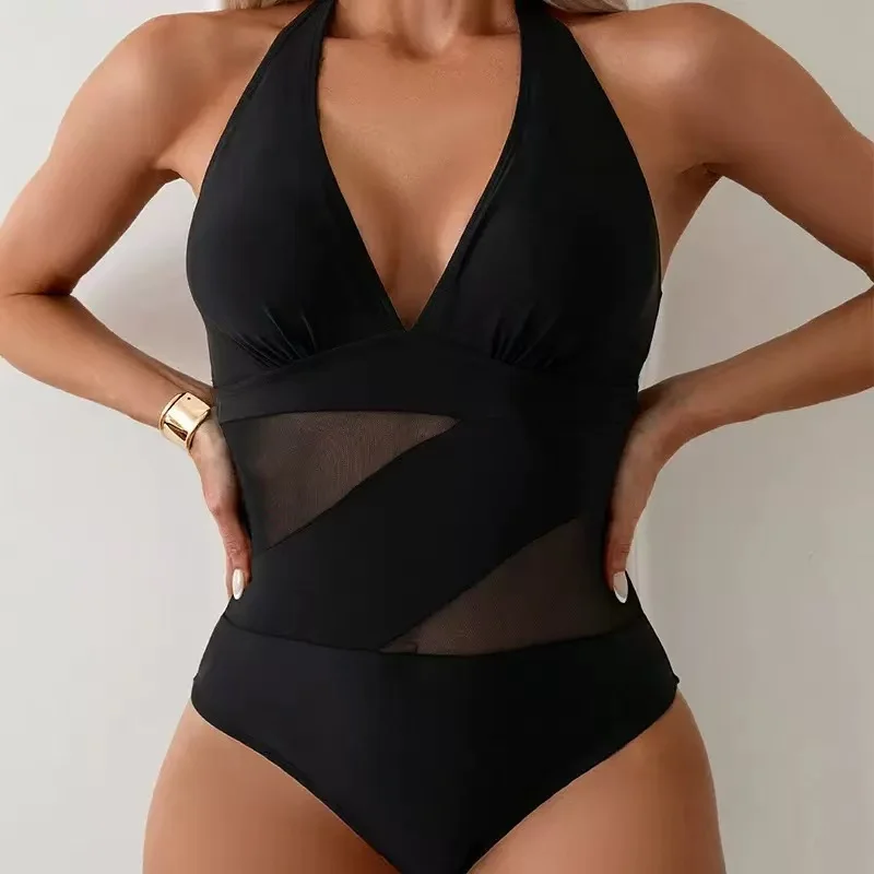 2025 Ruched Halter Swimsuit One Piece Swimwear Women Sexy Bathers Black Mesh Bathing Swimming Swim Suit Female V Neck Beachwear