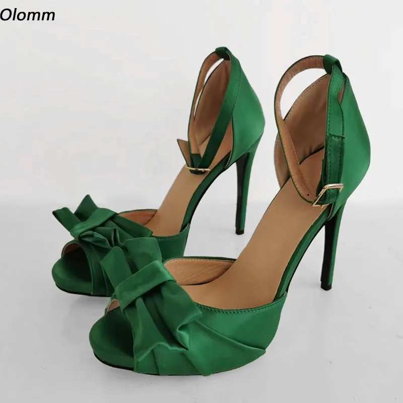 

Olomm Handmade Women Ankle Strap Sandals Satin Butterfly Knot Stiletto Heels Round Toe Green Red Blue Dress Shoes Size 35 47 52