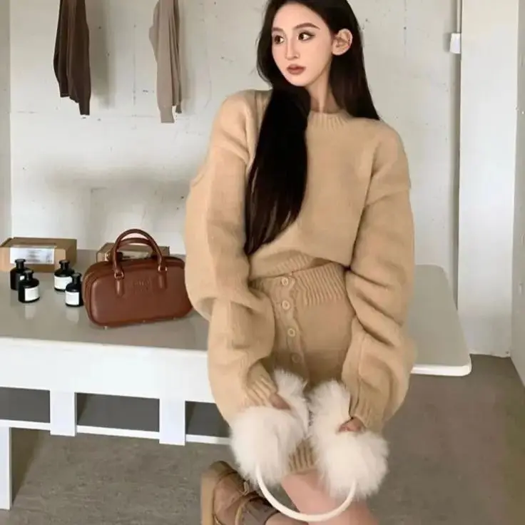 

Korea One-piece/two-piece Knitted Round Neck Long-sleeved Sweater Button Short Skirt Women's New Autumn Winter Suit