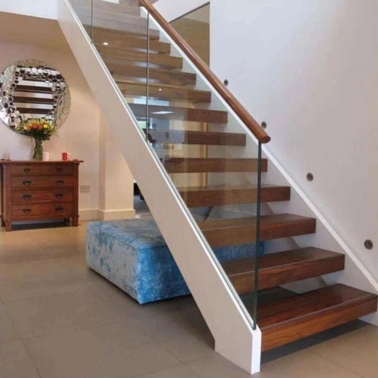 Easy Metal Wood for Second Floor Indoor Straight Wood Staircase Central Stringer Durable Iron Steel with Glass Railing