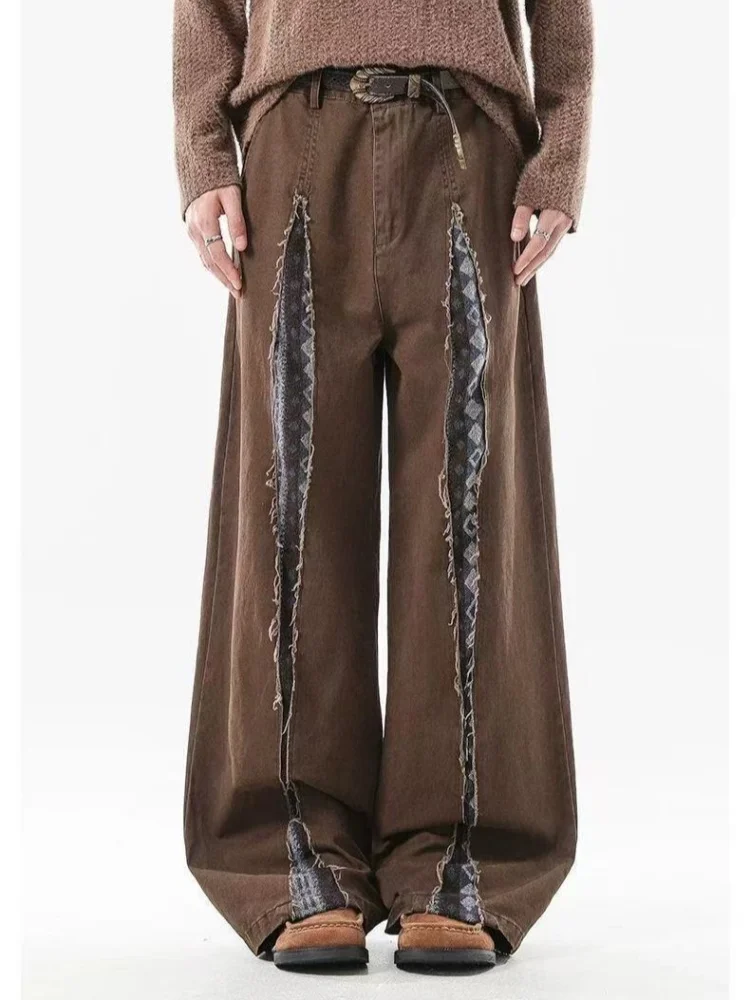 

2025 г., коричневые мешковатые рваные джинсы в американском стиле Y2K в стиле ретро, брюки для мужчин, прямая уличная одежда, хлопковые длинные брюки