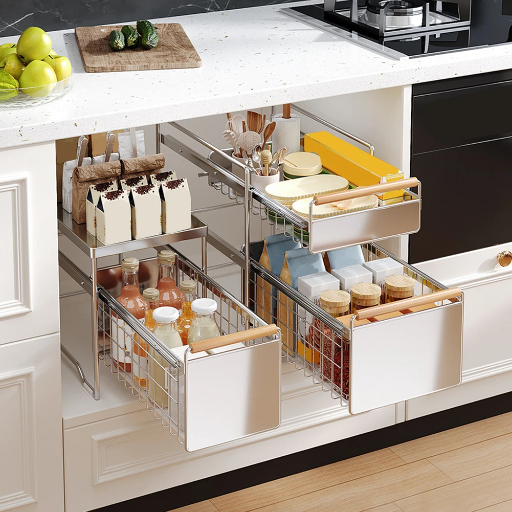 Under Sink Organizer With 1 Or 2 Tier Pull-Out Drawers For Kitchen Cabinet Storage And Space Saving 16.14 × 11.81 × 5.12inches