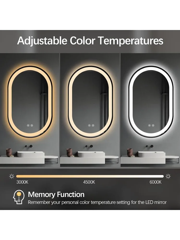 مرآة للحمام، 36 × 24 مضاءة أمامية + مرايا زينة بإضاءة خلفية مع ضوء مضاد للضباب، مقاوم للكسر، 3 ألوان، مكياج #2