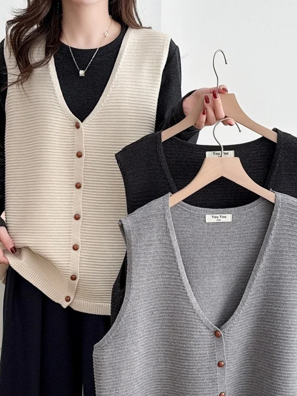 plus Size College Style V-Neck Single Button  Color Knitted Vest Women's Sleeveless Layering Tank Top Slimming Top