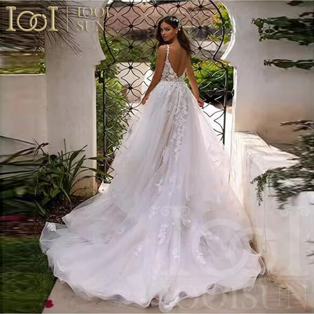 

IOOISUN Spaghetti Strap Deep V-Neck Wedding Dress Lace Appliques Backless Gorgeous Bridal Gowns A-Line Party Gown Customized
