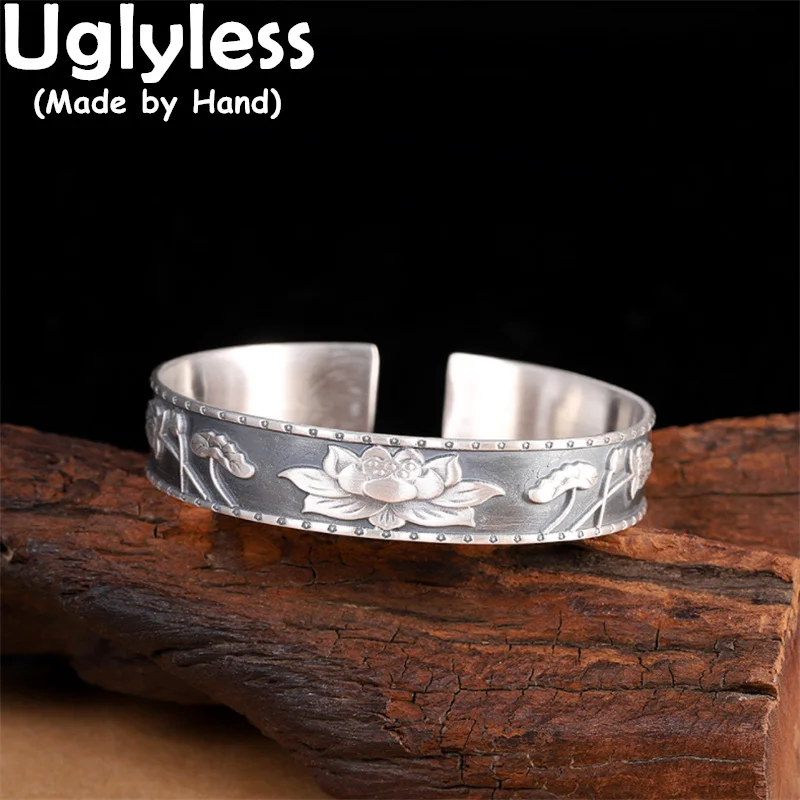 

Uglyless Oriental Poetry Lotus Pond Handmade Jewelry for Women Real 999 Full Silver Lotus Bangles Thai Silver Vintage Bangles