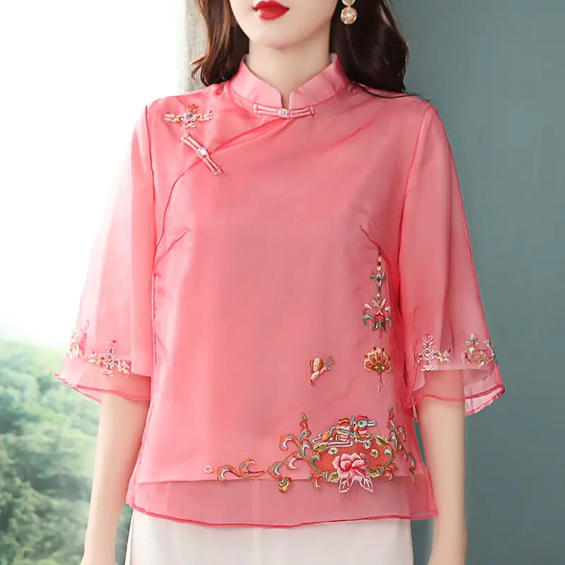 Blusa tradicional china con bordado de flores para mujer, Tops Cheongsam, camisa Qipao Vintage, ropa Tang ajustada clásica, Top chino, 2022