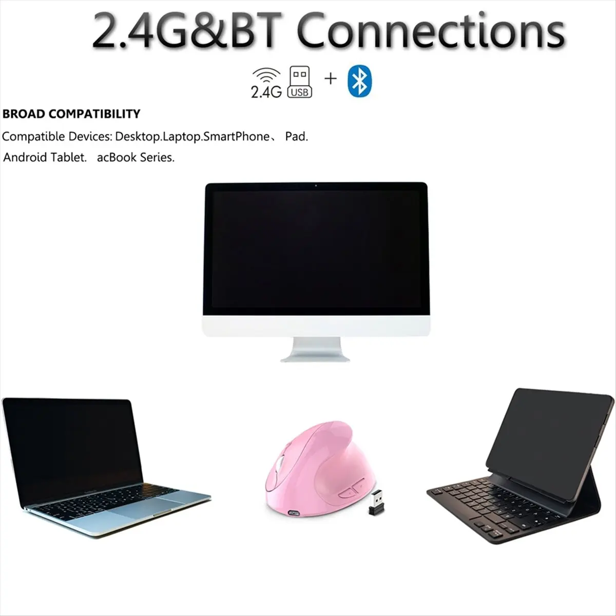 Fits for Rechargeable Dual Mode USB 2.4G Wireless + Bluetooth Mouse Vertical Ergonomic Optical Mice for Computer Notebook Pink