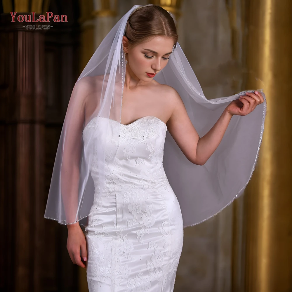 YouLaPan V31 velo da sposa con bordo in cristallo veli da sposa cristallo Organza perline velo scintillante velo corto con pettine