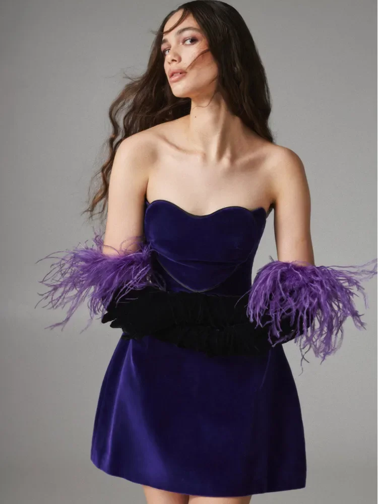 

2024 New Designer High End Fashion Women Purple Party Dress Velvet Strapless A Line Mini Celebrity Evening Guest Looking Dresses