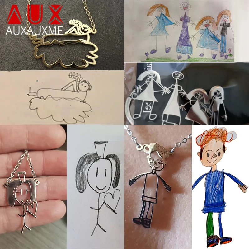 Auxauxme Cutsom Drawing Art Necklaces Personalized Stainless Steel Kids Artwork Logol Pendant Jewelry Gifts for Family Children