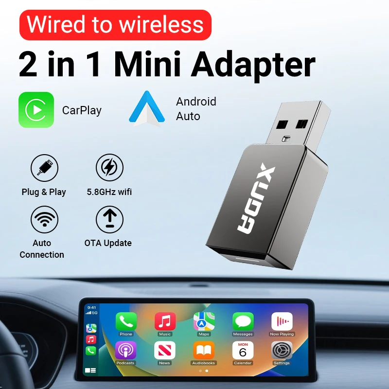 

XUDA Новый мини-адаптер с проводом к беспроводному CarPlay/Android Auto 2in1 Super Mini для 99% оригинальных автомобилей с проводным carplay/авто