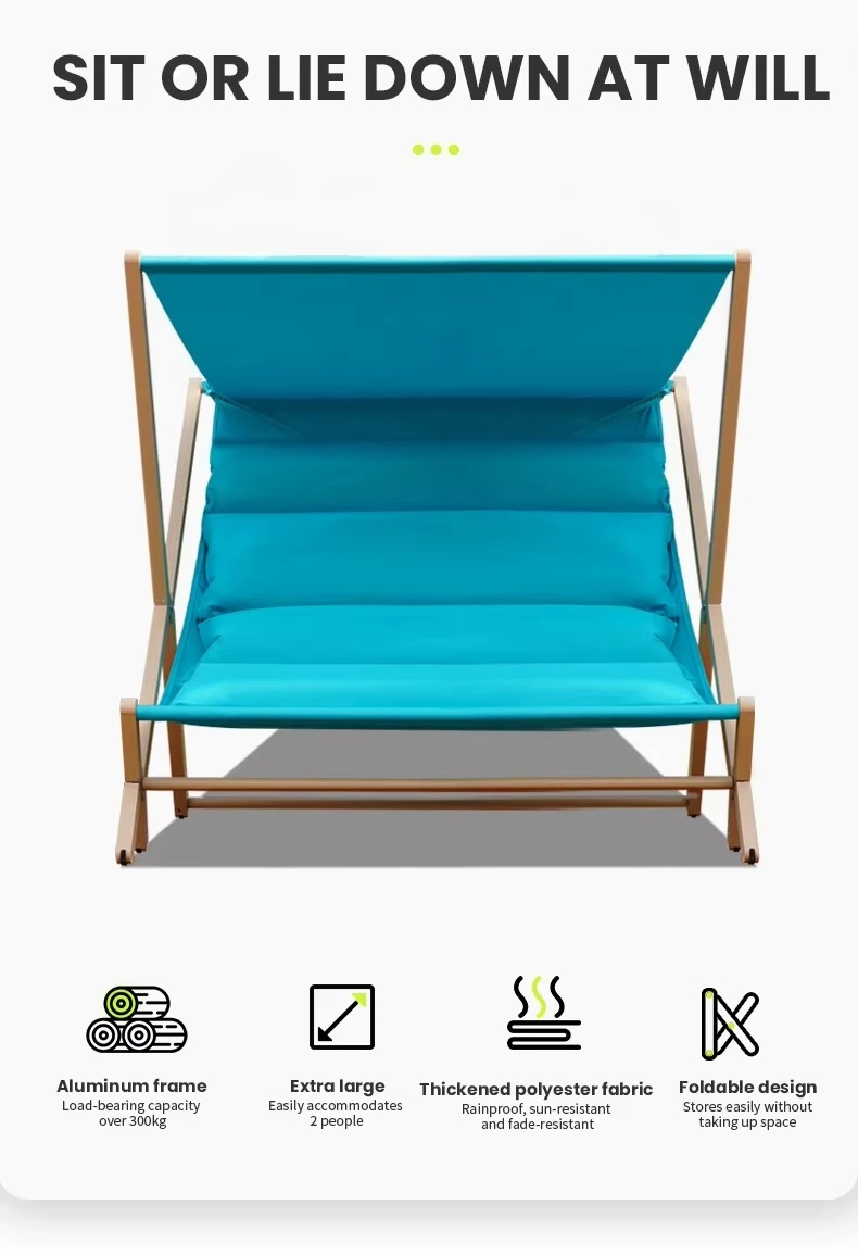 Outdoor Aluminum Portable Double Lounge Chair Garden Patio Lawn Beach Outside Tanning Chairs with Arm Sunbrella Fabric