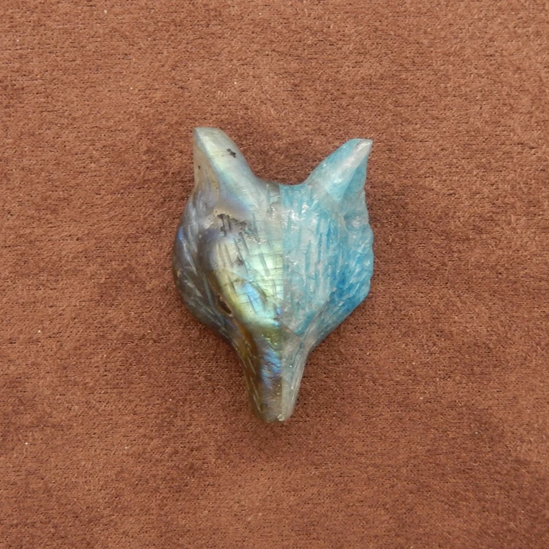 Hand-Carved Labradorite Blue Apatite Fox Head Pendant Iridescent Multi-Hued Gemstone Artisanal Jewelry Spiritual Collection