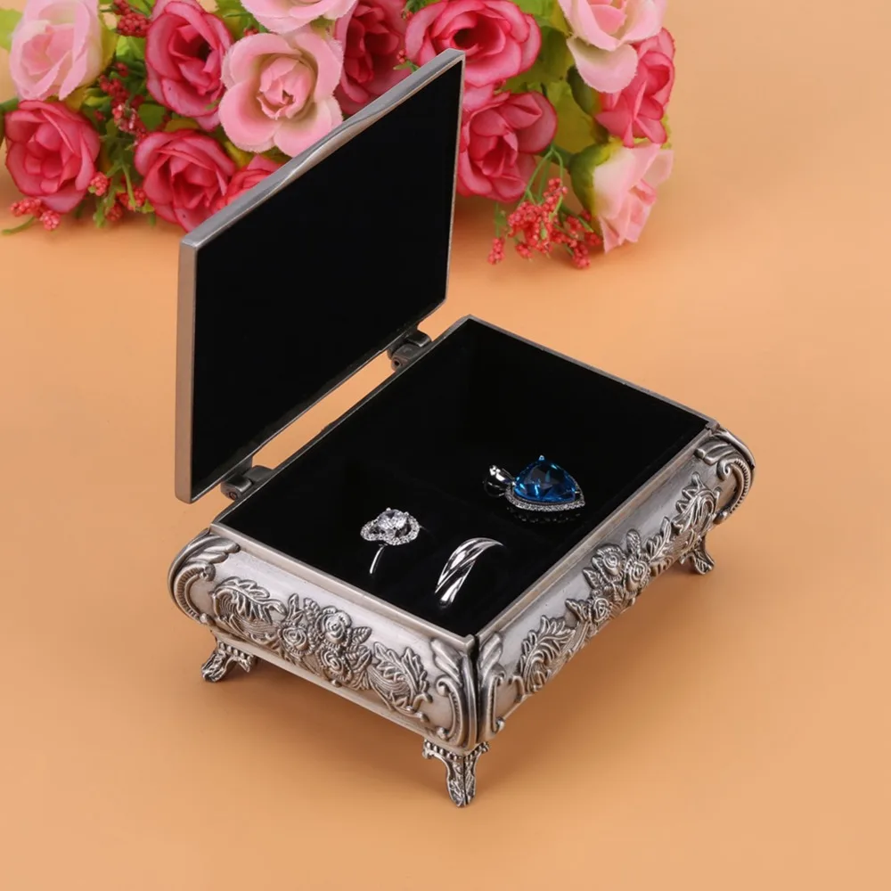 Jewelry Boxes Alloy Jewelry Box Rose Carved Vintage Style Jewelry Case Rectangular Ring Box For Women