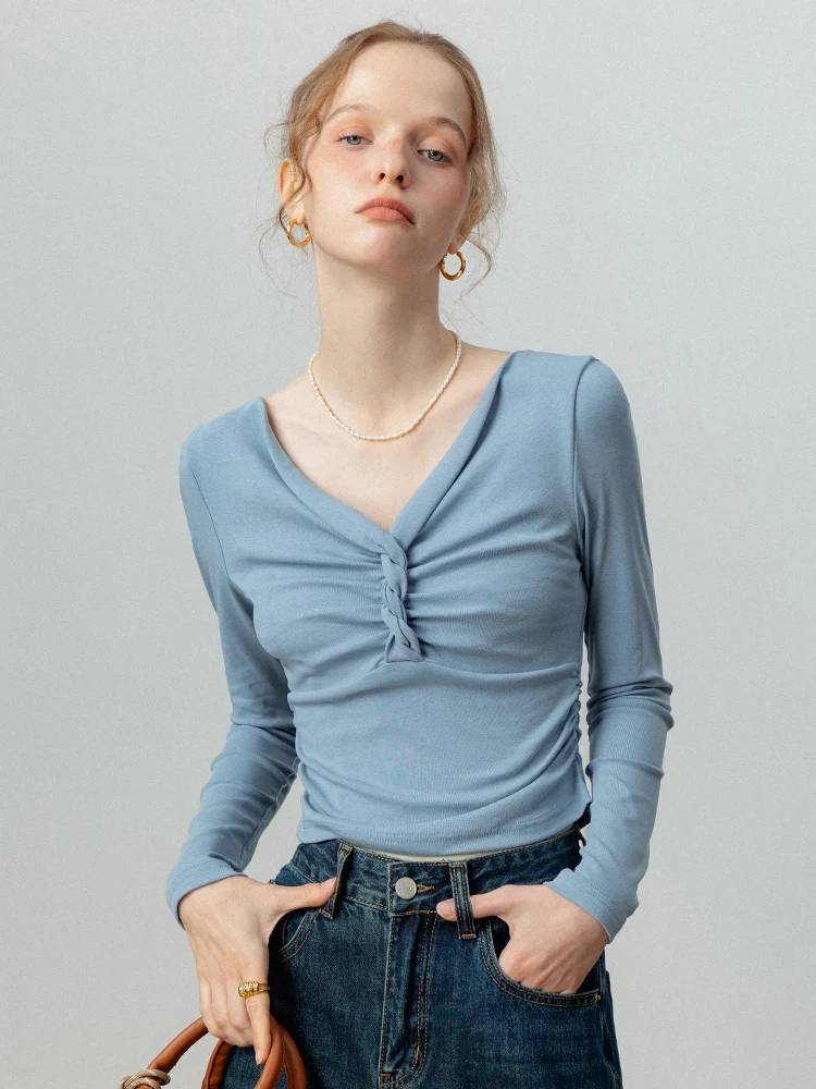 

Женская футболка Eggka Long Sve Knot Waist Slim Fit Base irt, мягкий дизайн, осенний новый женский топ из полиэфирного волокна