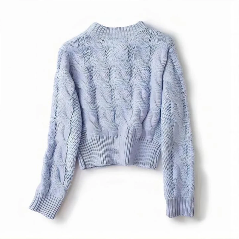 OMSJ 2024 Skręcony dzianinowy krótki sweter dla kobiet Casual Sexy Off Waist Rib Sweter z długim rękawem Crew Neck Cropped Sweater Tops