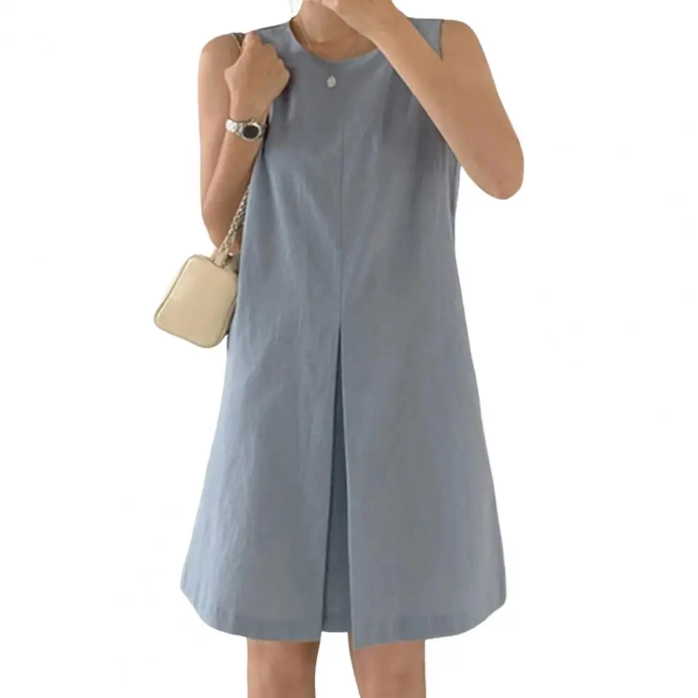 

Women Summer Vest Dress Summer Sleeveless Women's Tank Dress with O-neck Front Split Design Solid Color A-line Mini for Summer