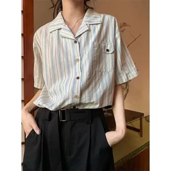 XEJ Elegant Women Blouses Women's Summer Tops 2023Striped Cuban Neck Short Sleeved Shirt for Women's Summer French Casual Shirt