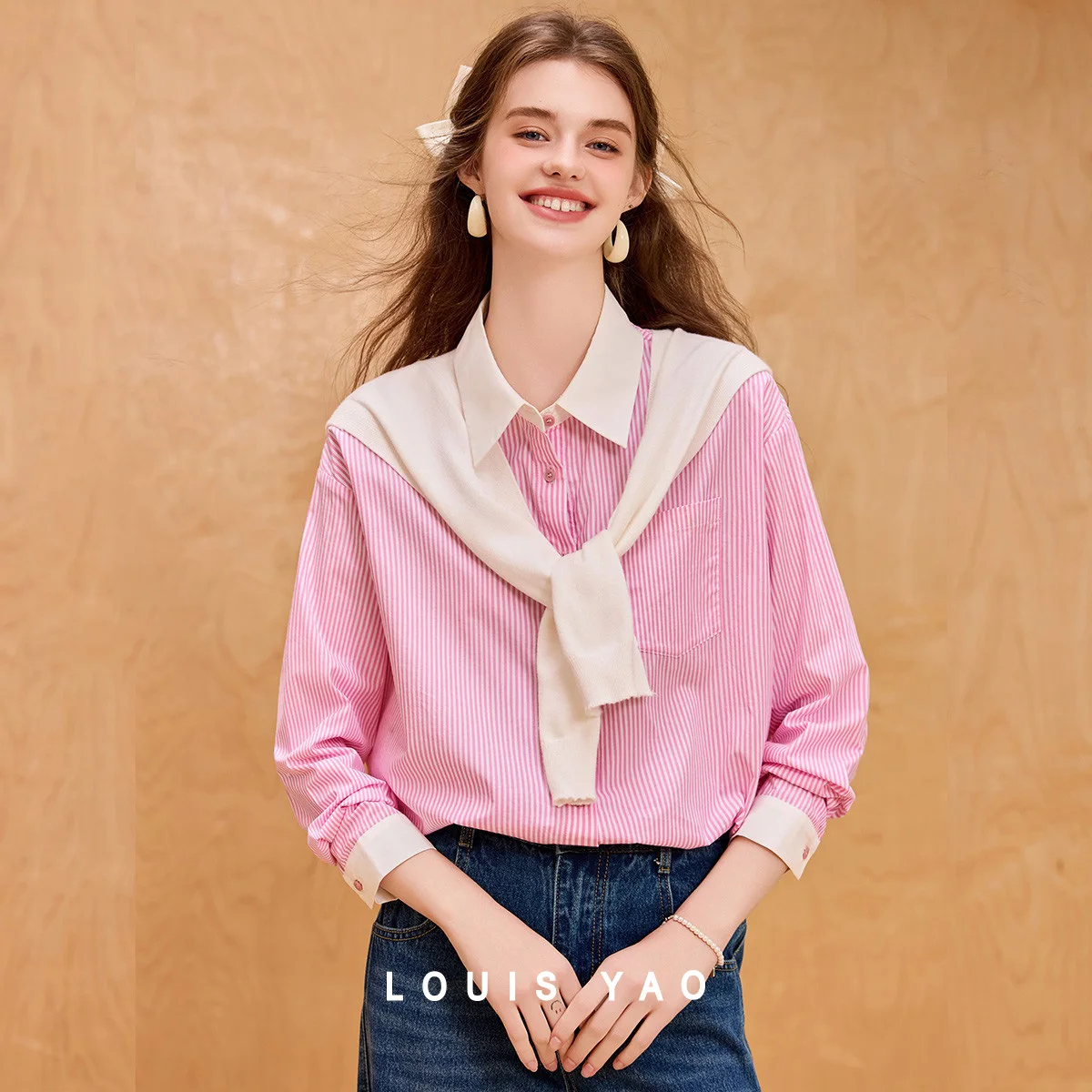 

Detachable Shawl Collar Shirt Women's Shirt 2025 Autumn Elegant and Stylish Striped Blouses Long-Sleeved Shirt Tops for Women