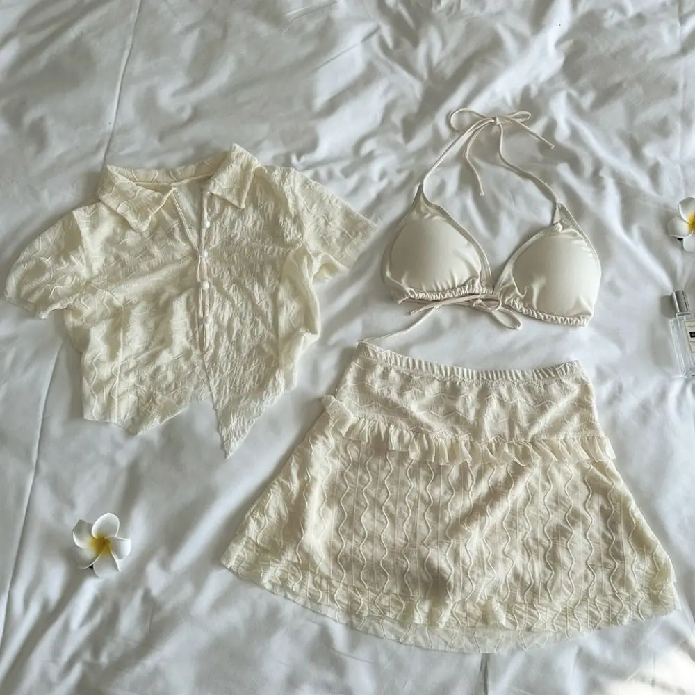 Slim Fit Short Sleeve Swimsuit Transparent Ruffle Bikini Bathing Suit Beachwear Clothing Hollow Out Three Pieces Swimwear Set