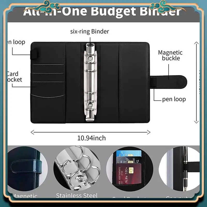 (신규)-A6 예산 바인더, 지퍼 봉투, 계산기 및 카드 포함, 현금 충전 봉투 바인더용 PU 돈 절약 주최자