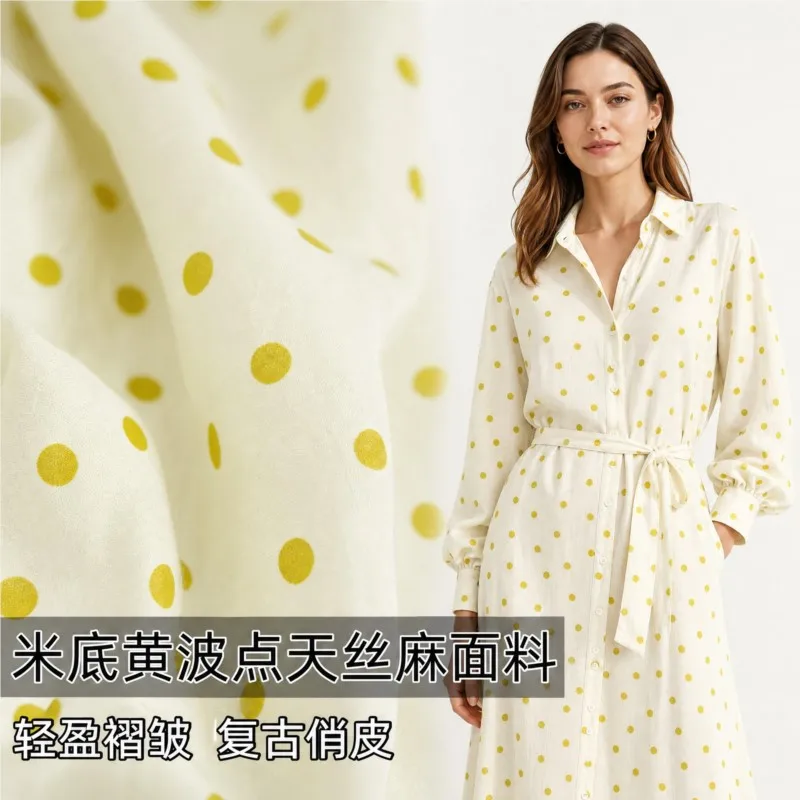 Skin-friendly slightly translucent beige base yellow linen fabric for dress shirt and skirt designer