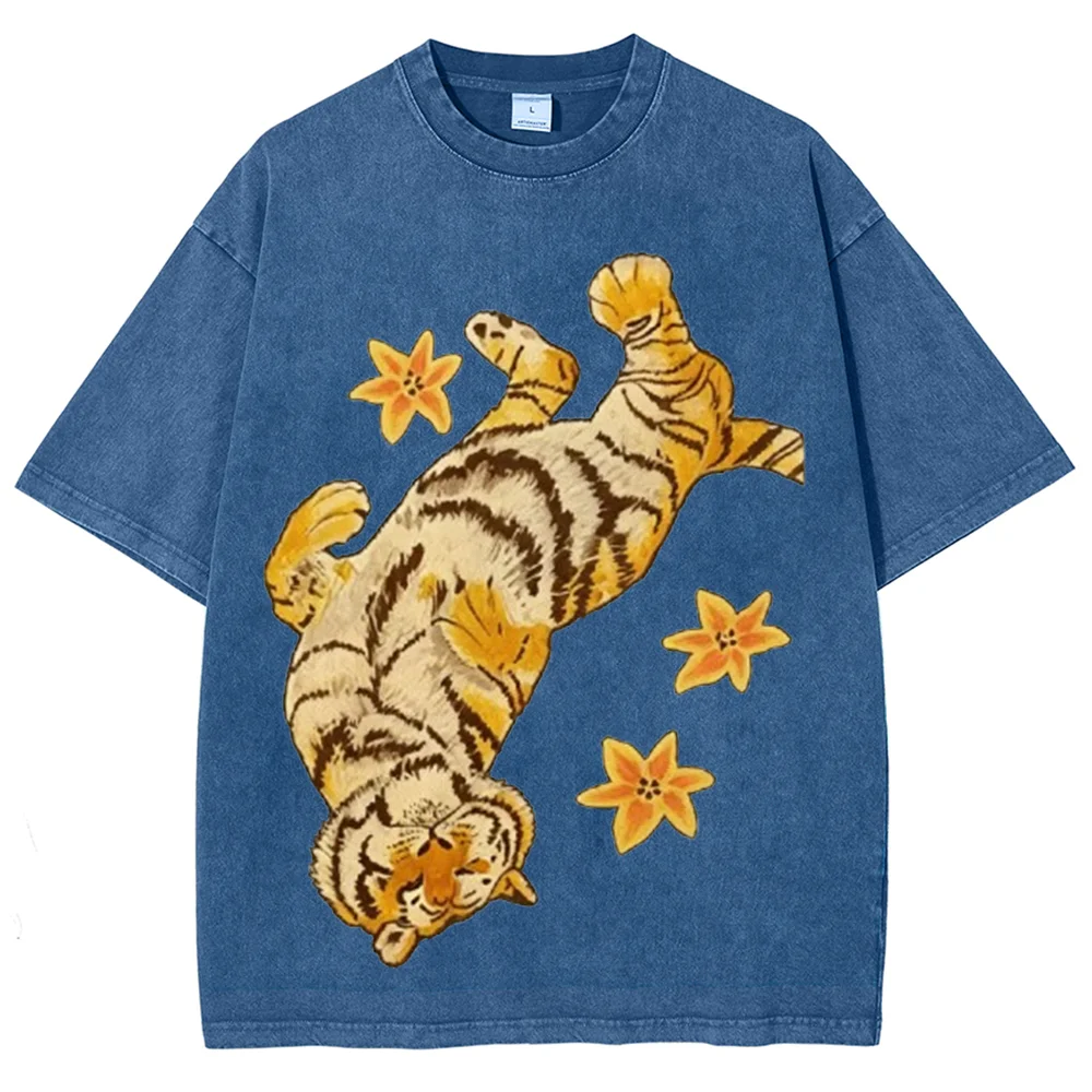 Oversized Vintage Washed T‑Shirt For Women Retro Lying Tiger Floral Print Short Sleeve Tees Casual Loose Streetwear Tops