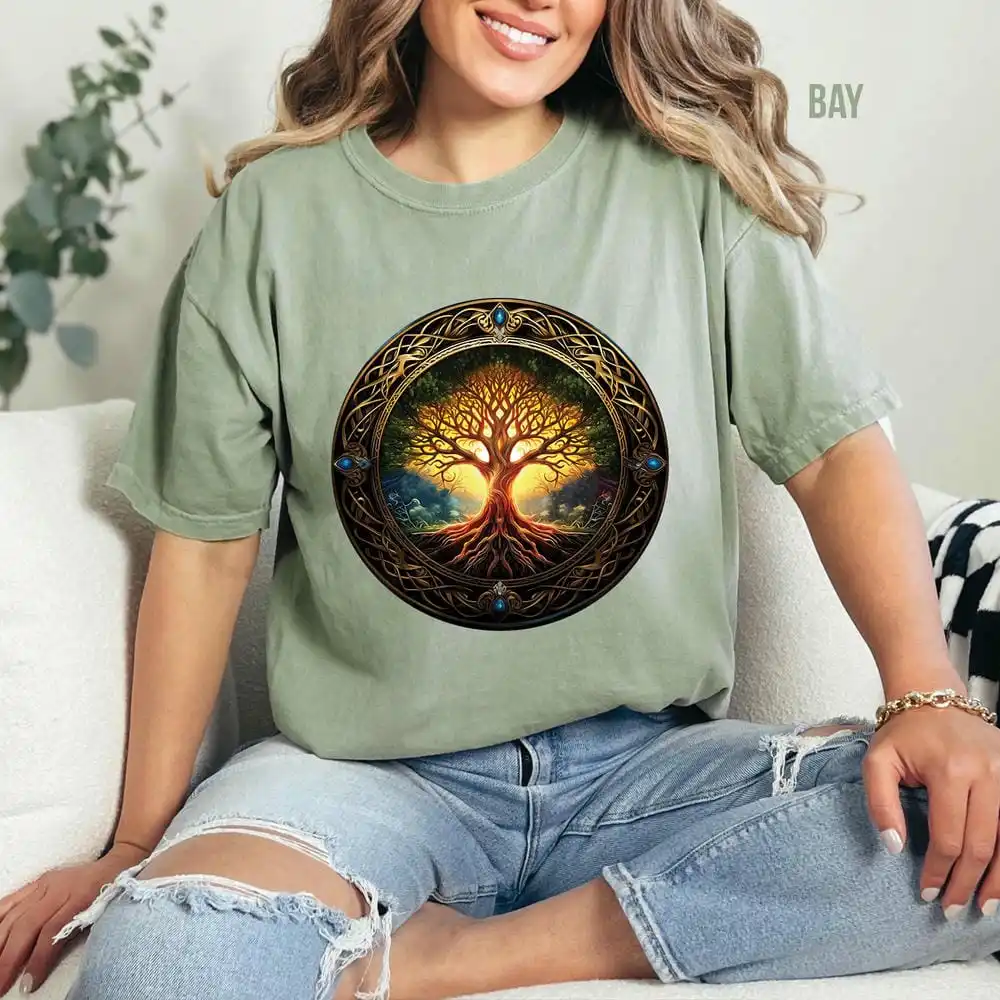 Camiseta Vintage de árbol de la vida Yggdrasil para mujer, camiseta con gráfico pagano vikingo nórdico de Academia oscura, cuello redondo, parte de arriba ropa informal Unisex Y2K