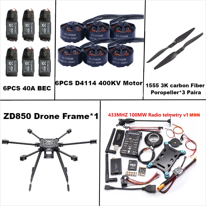 ZD850 Pixhawk 2.4.8 M9N Telaio esa-rotore completamente in fibra di carbonio 850mm BLHELI 40A ESC Comando di volo Set di telemetria Rado