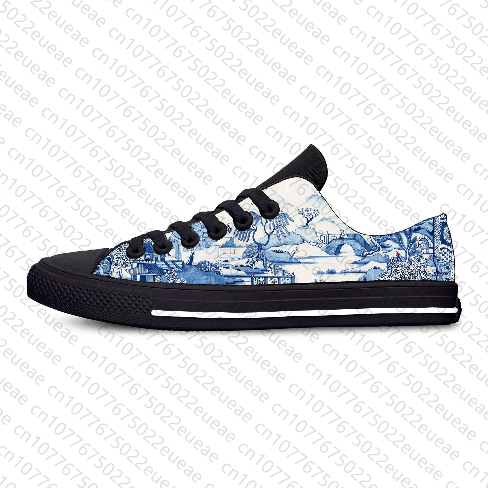 Blue White Willow Pagoda Chinoiserie China Pattern Casual Cloth Shoes Low Top Comfortable Breathable 3D Print Men Women Sneakers