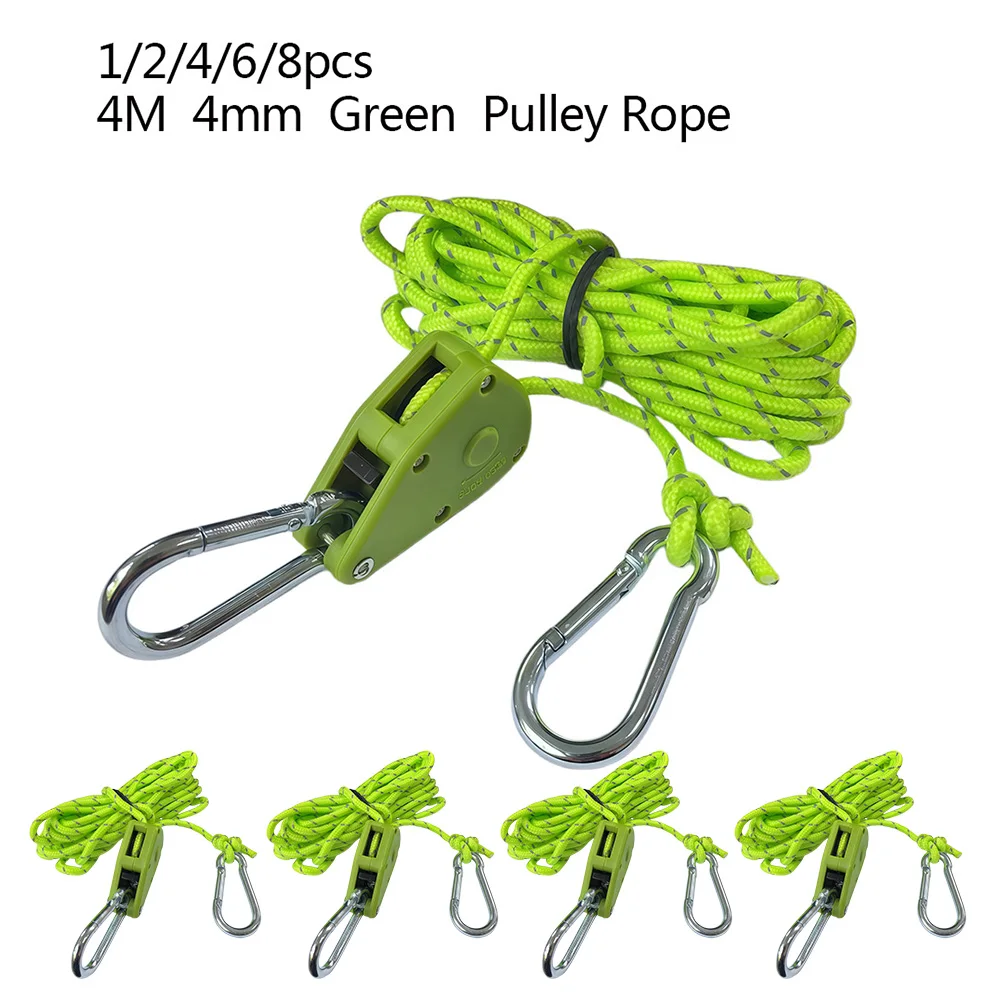 1/6 Peças 4m 4mm Corda de Amarração para Barraca de Camping, Tensor de Corda, Fivela de Fixação, Polia, Gancho de Catraca, Gancho para Corda de Toldo