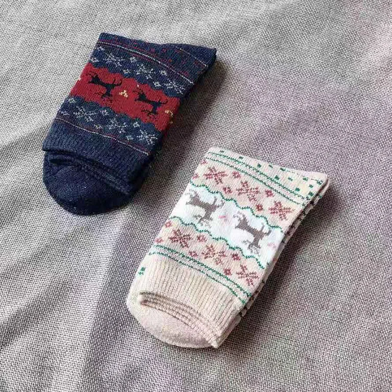 Cotton Socks Autumn Winter Thickened Girls Wool Socks Japanese Christmas Warmth Jacquard Deer Bear Warmth Medium  Comfortable