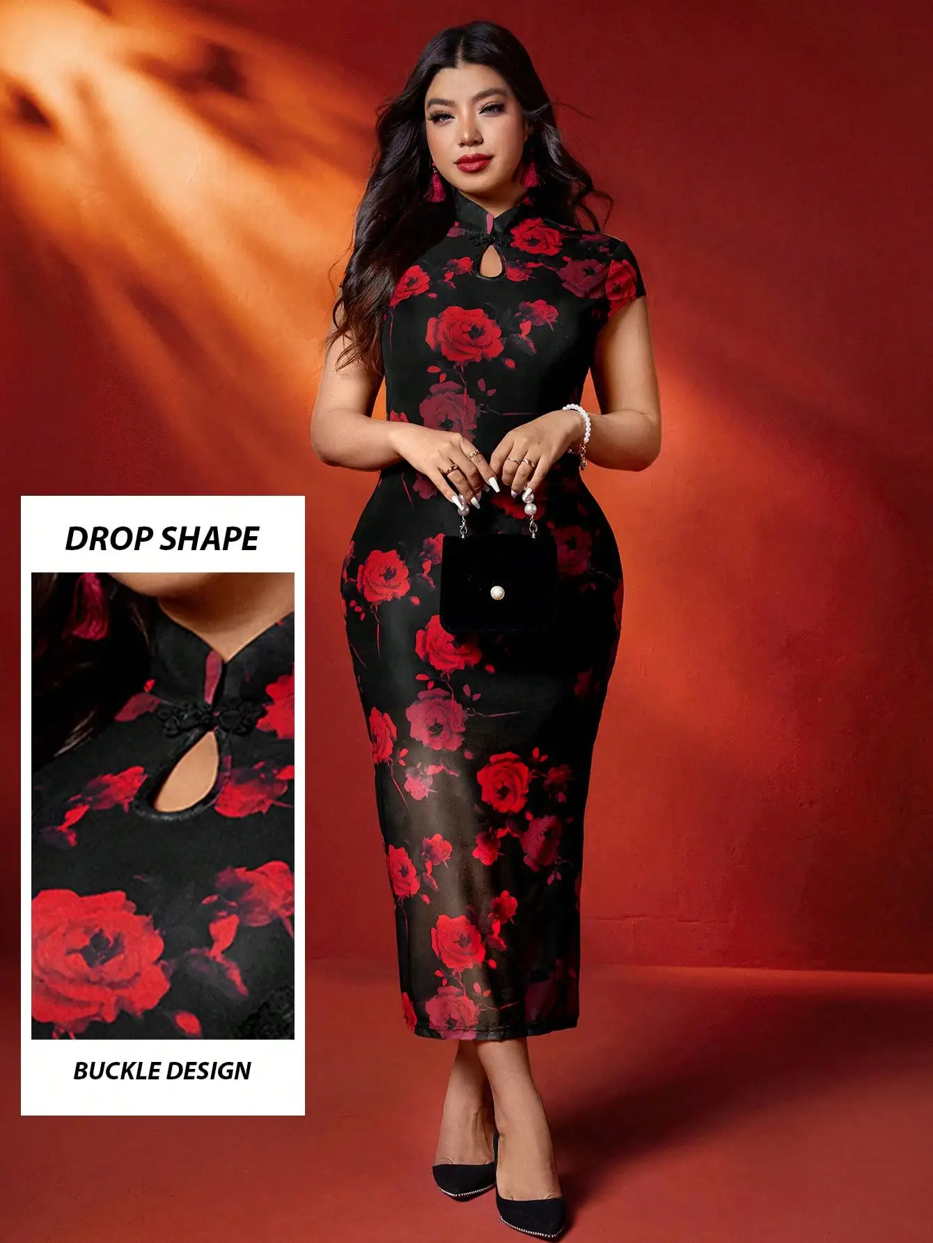 

Black Rose Print Modified Cheongsam Dress with Drop Neck & Buckle Detail