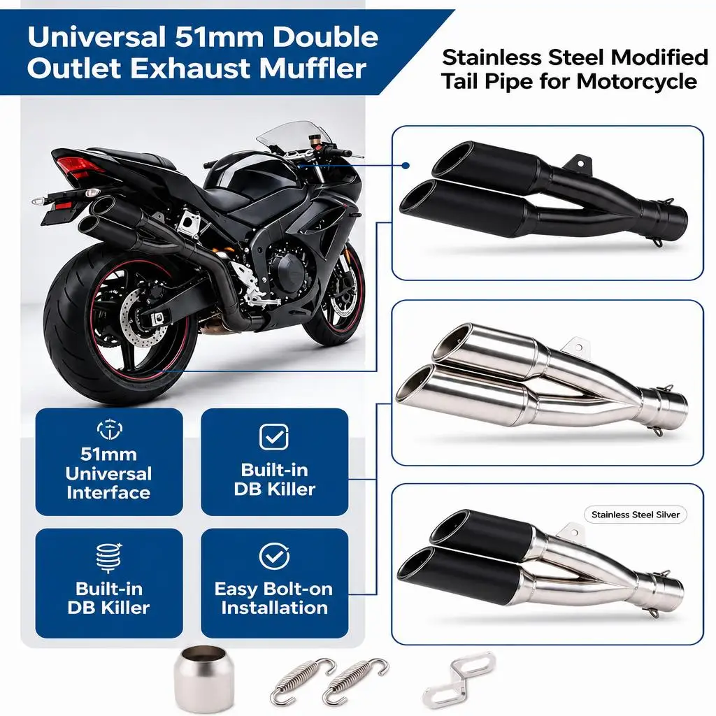51mm Motorrad-Auspuff-Schalldämpfer Universeller Edelstahl-Doppelendrohr Modifiziertes Auspuffrohr Slip-On-Endrohr Für Die Meisten Motorräder