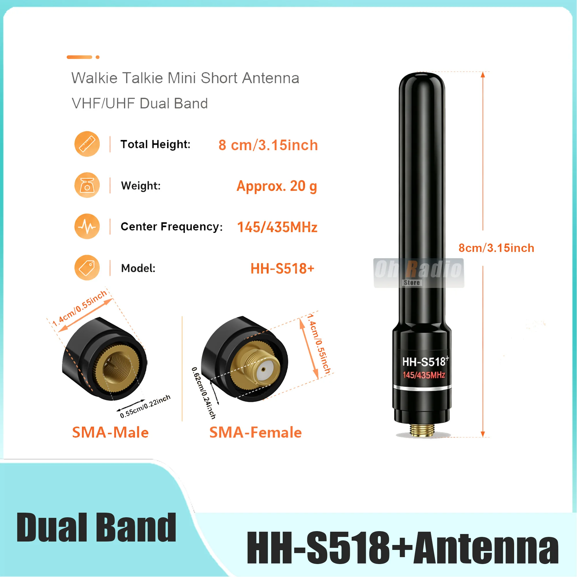 

HH-S518+ Dual Band Mini Antenna 10W High Gain UV 145/435MHz SMA-F/SMA-M For Baofeng UV-3R UV-5RMINI TYT TH-UVFD Quansheng UV-K1