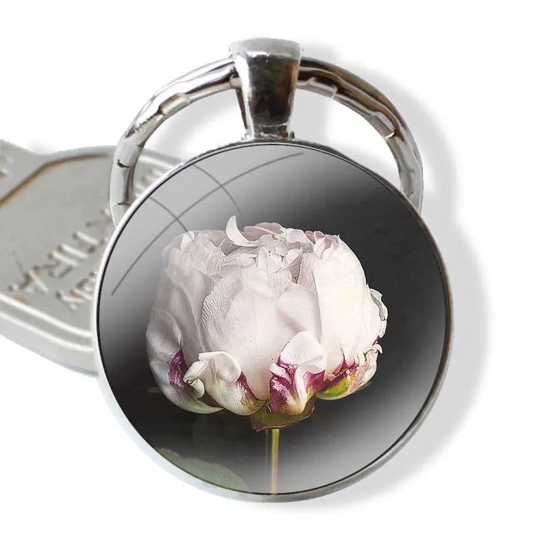 Keychain Handmade Glass Cabochon Key Ring Holder Pendant Key Chains Rose and Peony