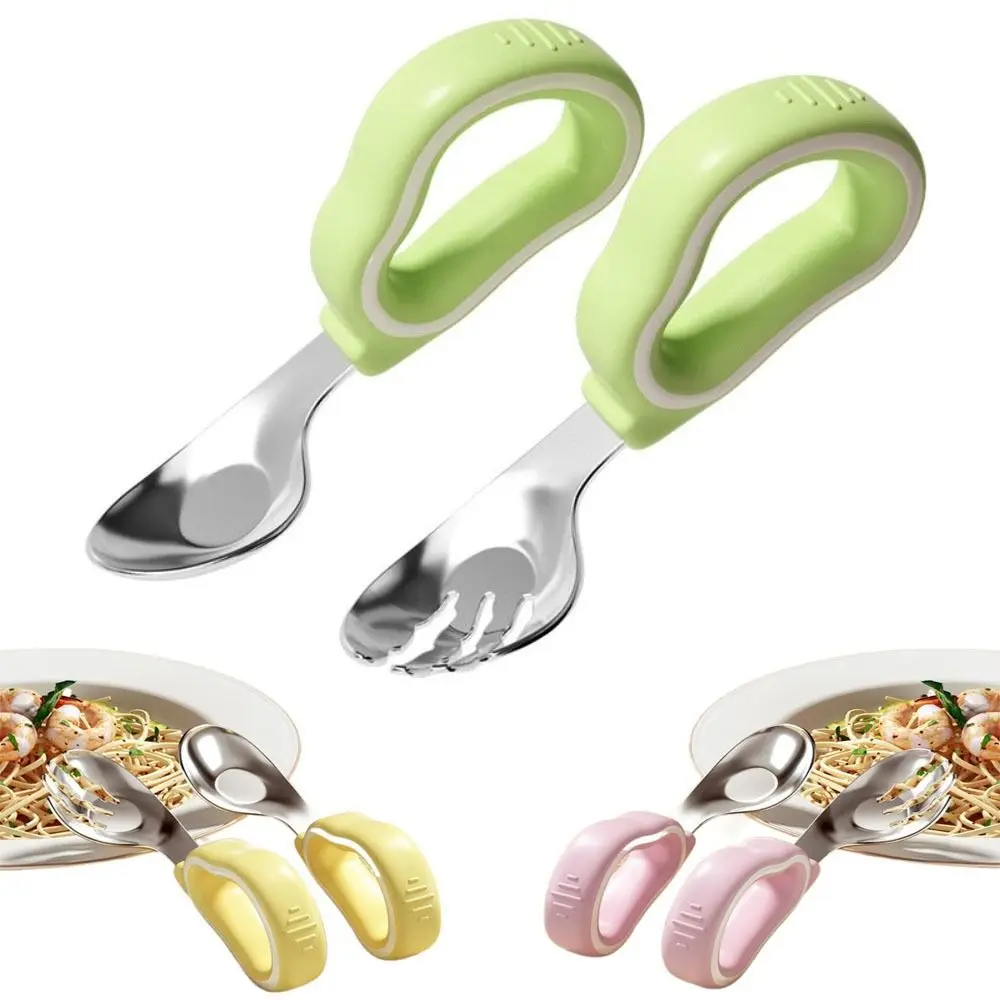 2Pcs Silicone Handle Baby Fork and Spoon Set 316 Stainless Steel with Storage Box Baby Cutlery Anti-Choke Design Self Feeding