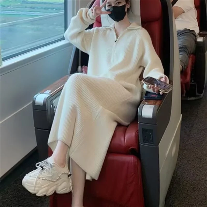 

White Spring Knitted Dress for Women's 2025 Autumn New Lazy Soft Sweater Loose and Slimming Versatile Female Zipper Dress Solid