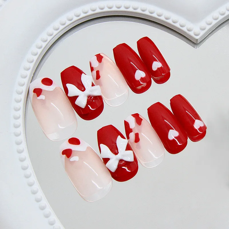 

24Pcs Medium Square Press on Nails - Red & White Cow Print with Heart and Bow Designs | Cute Style False Nail For Women Girl