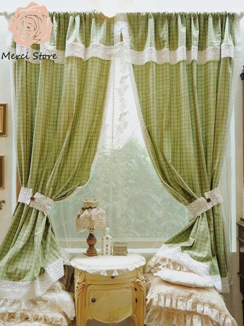 

Healing French Rustic Retro Style Green Plaid Cotton Linen Curtains for Living Room Bedroom Lace Ruffled Integrated Drapes