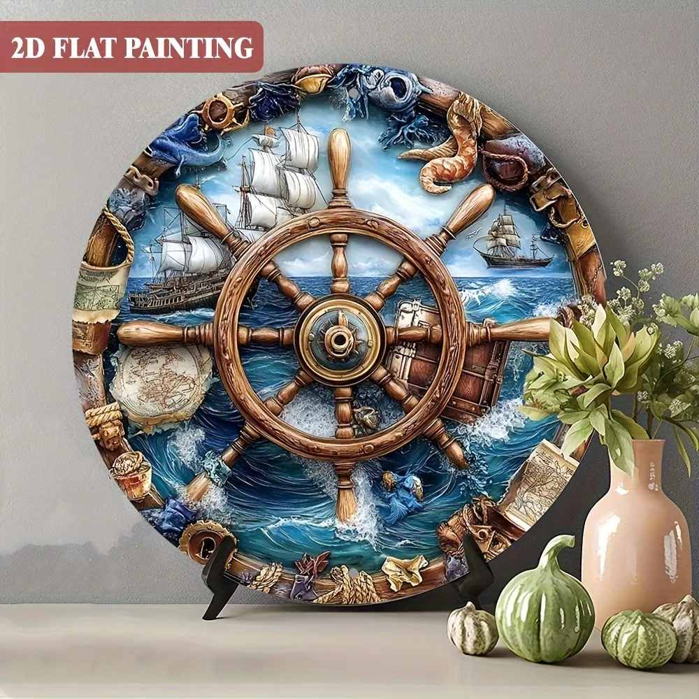 8x8 Inch Steampunk Nautical Metal Wall Decor, Rustic Sea Round Sign with Pre-Drilled Holes for Home Garden