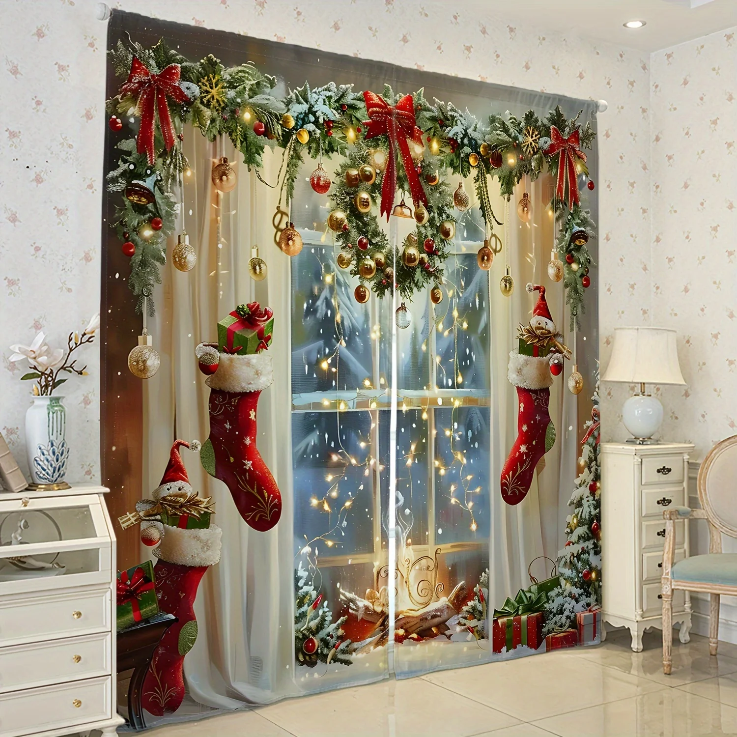 

2pcs Christmas Curtain Festive Sheer Drapes Classic Style Rod Pocket for Living Room Bedroom Kitchen Office All-Season Decor