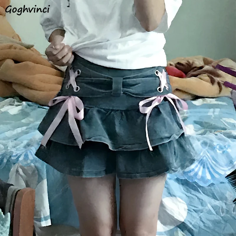 

2024 Lovely Skirts Women Bow Pleated Mini Denim Faldas Japan Style Vintage Sweet Casual Solid Literary Designed Schoolgirls Chic