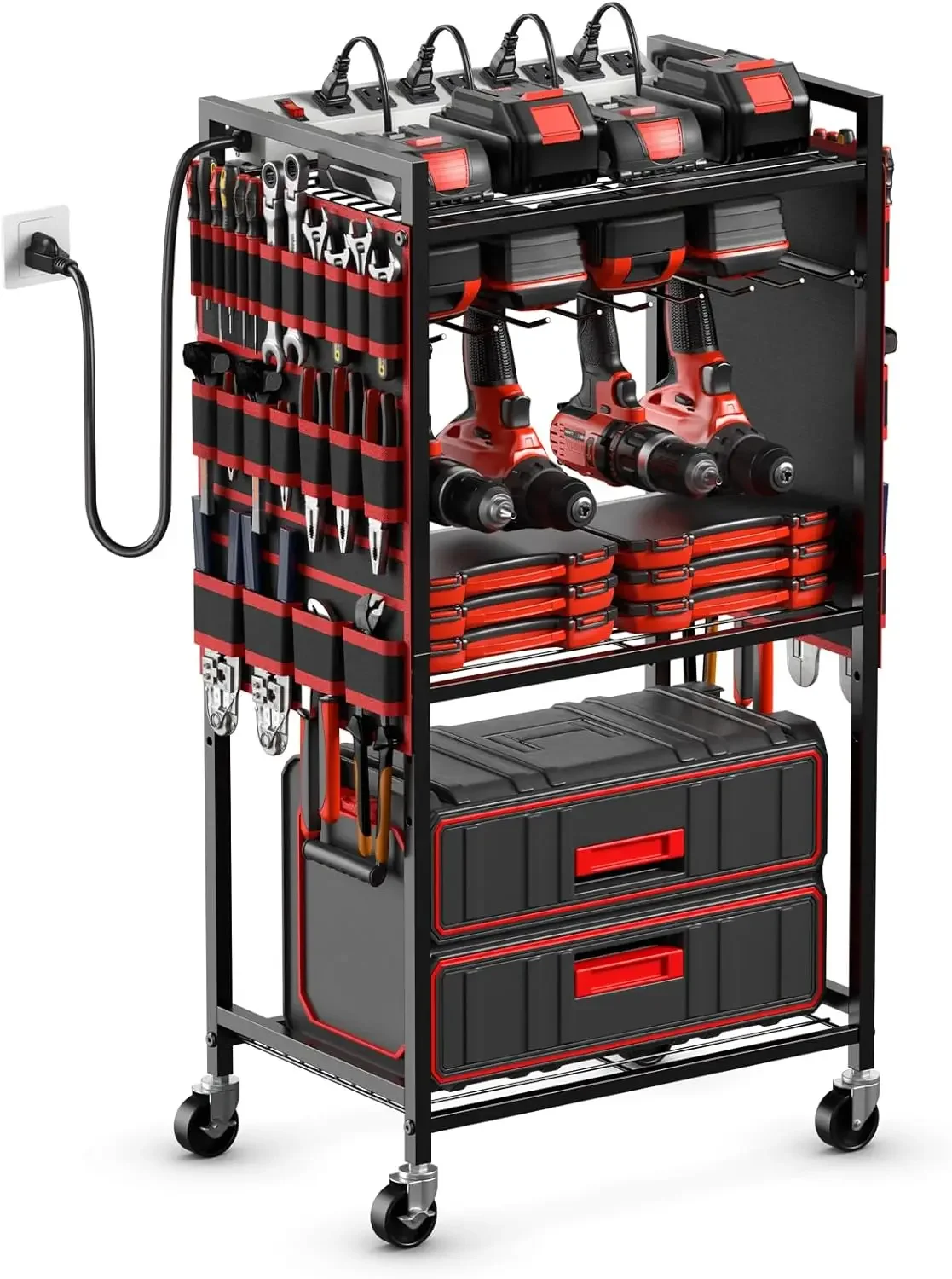 

Large Power Tool Organizer Cart with Charging Station, Garage Floor Standing Rolling Drill Tools Battery Storage Cart on Wheels