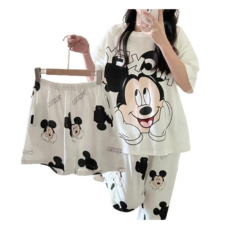 3pcs Disney Mickey Women Pajamas Set Anime Summer Short Sleeve Shorts Sleepwear Round Neck Nightshirt Homewear Clothes Gifts