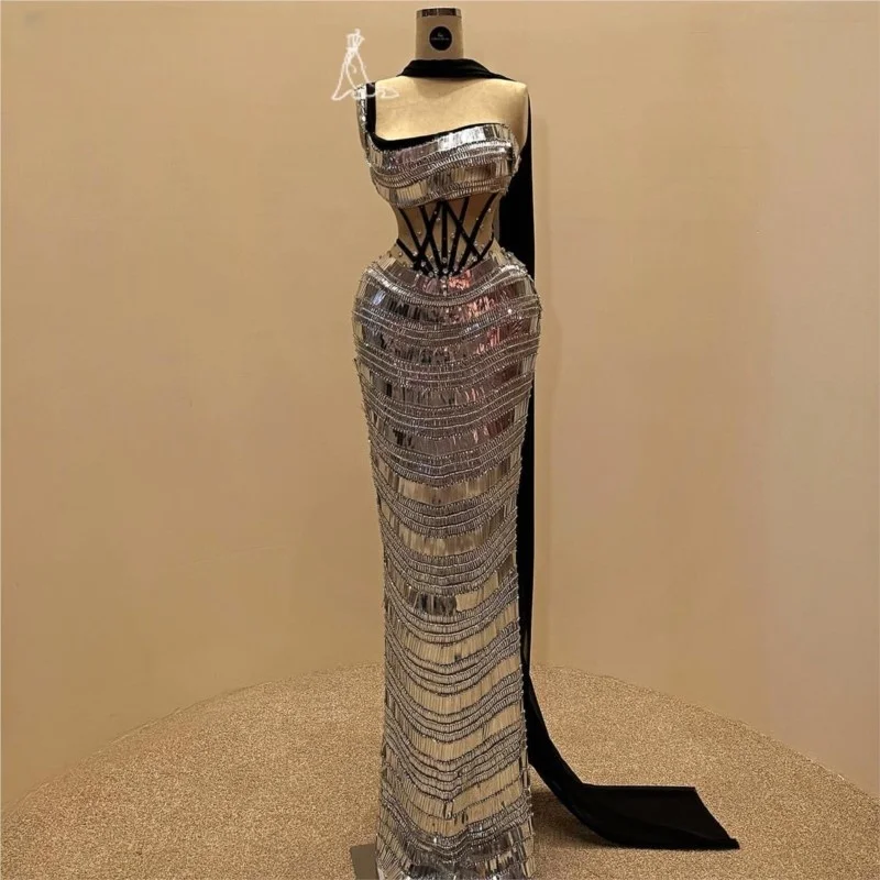 

Fashionable black and silver sequined long dress for catwalk events performances birthdays award ceremonies
